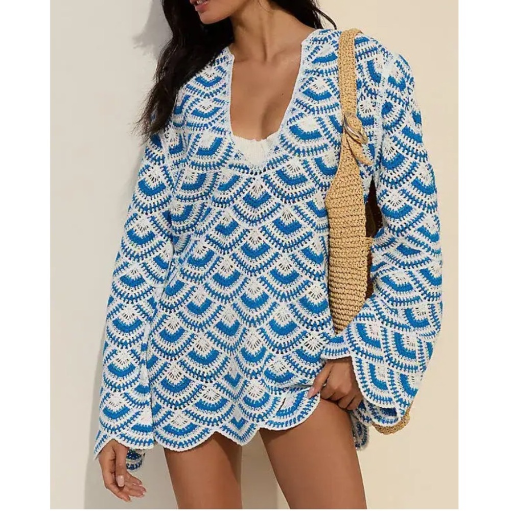 CELANDINE
Crochet Mini Kaftan - Blue & White Crochet Beach Cover-Up Tunic